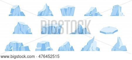Antarctic Iceberg Set, Arctic Snow Icebergs. Floating Glacier, North Pole Mountains And Rocks. Ocean