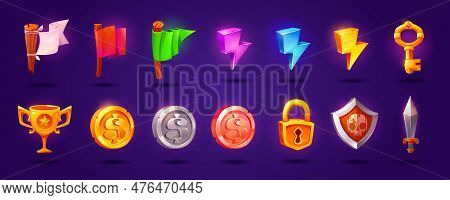 Ui Game Icons Of Coins, Key, Trophy, Gold Cup, Shield And Sword. Money Icons, Lightning Signs, Flags