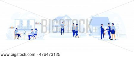 Real Estate Broker, Couple Meeting Broker In Office, Visiting Real Estate Firm, Realtor Showing A Ho