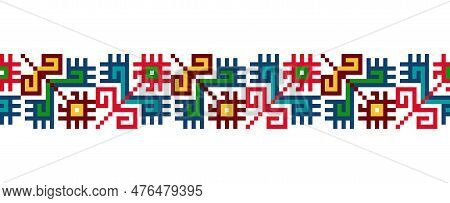 Ukrainian Colorful Embroidery Vector Pattern. Pixel Art, Vyshyvanka, Cross Stitch Ornament. Ukrainia