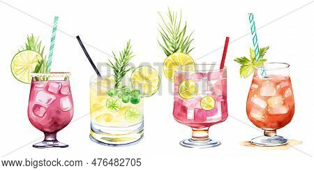 Set Of Cocktails, Summer Drinks Watercolor Clipart. Vector. Refreshing Beverage Glasses With Ice Min