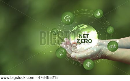 Net Zero Emissions Concept.net Zero Emissions Goals With A Connected Icon On Green Circles Backgroun