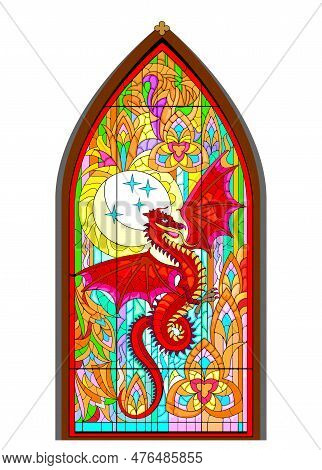 Beautiful Colorful Medieval Stained Glass Window. Gothic Architectural Style With Pointed Arch. Pain