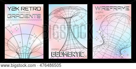 Y2k Trendy Poster Collection, Posters With Soft Gradient Background And 3d Mesh Geometric Forms In 2