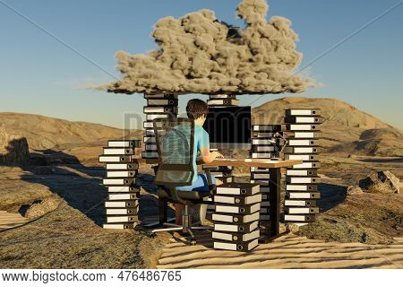 Man Sitting At Pc Office Workplace In Desert Environment With Huge Stacks Of Binders And Cloud Over 