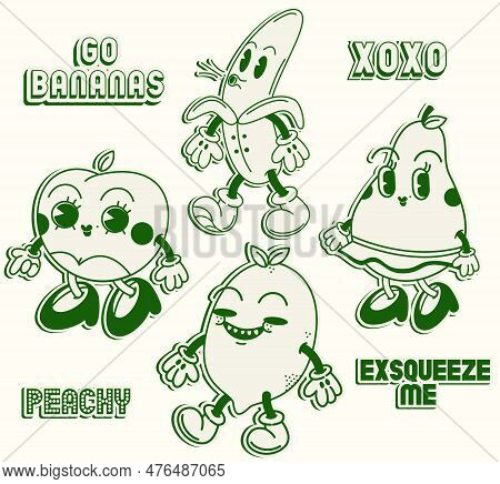 Ftuits Groovy Illustration Stickers Retro Groovy Illustration Stickers With Funny Slogan.vector Illu