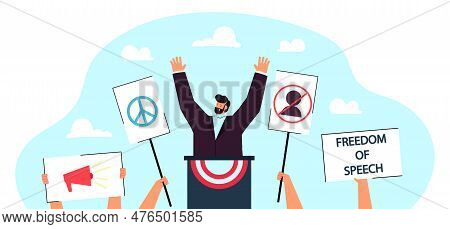 Politician Silencing Independent Media Vector Illustration. Cartoon Drawing Of People With Placards 