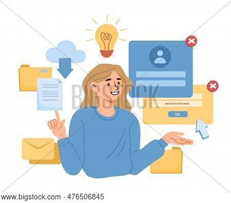 Woman With Cloud Service. Young Girl Sends Files And Folders On Internet. Archive And Storage. Chara