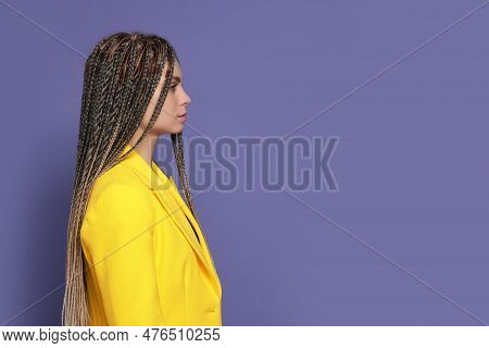 Beautiful Woman With Long African Braids On Purple Background, Space For Text