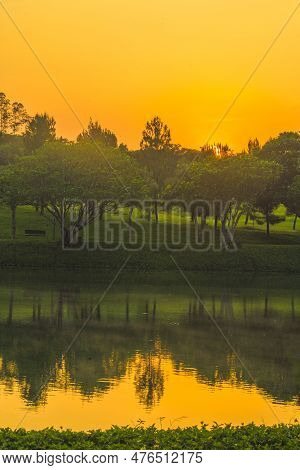 Beautiful Sunrise At Bsb Lake Located In Mijen, Semarang, Indonesia