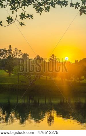 Beautiful Sunrise At Bsb Lake Located In Mijen, Semarang, Indonesia