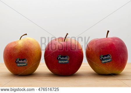 Fresh Morgana Apples Cultivar By Italian Melinda Company Isolated On White Background