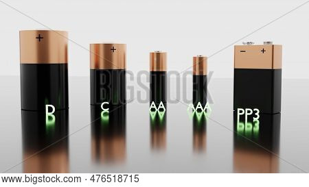 Battery Types, Aa, Aaa, C, D, Pp3 On Reflection Floor, 3d Rendering Illustration