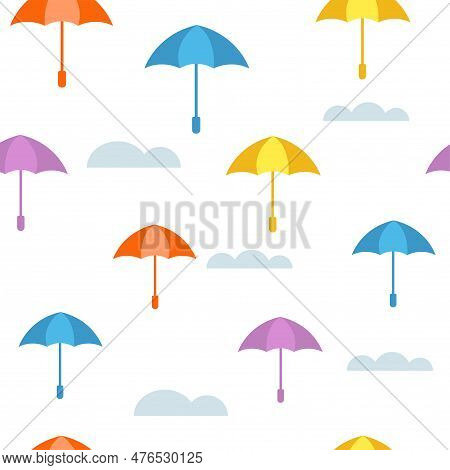 Seamless Pattern With Colored Umbrellas And Clouds. Vector Flat Illustration