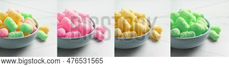 Collage Of Bowls With Colorful Corn Puffs On White Background