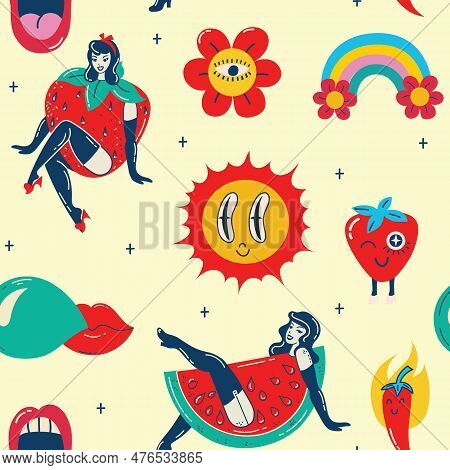 Retro Pin Up Girls Seamless Pattern. Background Wallpaper With Summer Girls With Strawberry And Wate