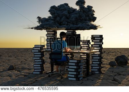 Man Sitting At Pc Office Workplace In Desert Environment With Huge Stacks Of Binders And Cloud Over 