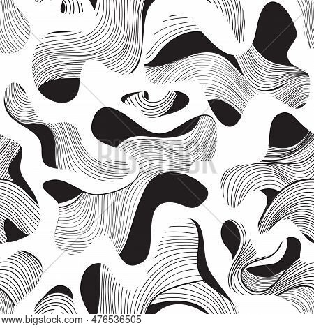 Abstract Swirl Line Seamless Pattern With Chaotic Flowing Organic Shapes In Retro Style. Dots, Blots