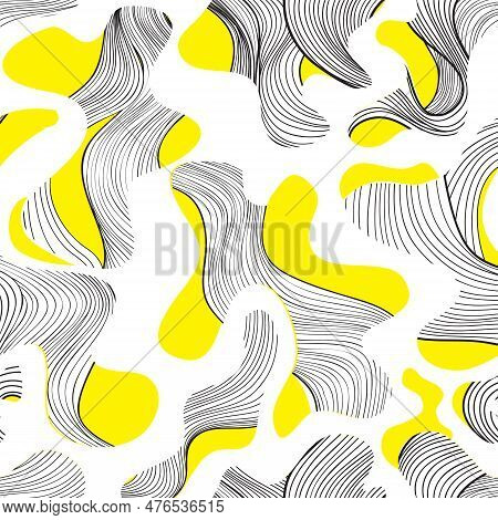 Abstract Swirl Line Seamless Pattern With Chaotic Flowing Organic Shapes In Retro Style. Dots, Blots