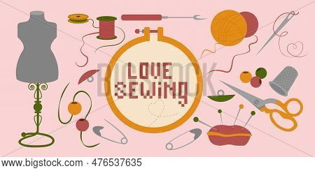 Set Of Sewing And Needlecraft    Elements. Hand Drawn Vector Illustrations Of Sewing Machine, Embroi