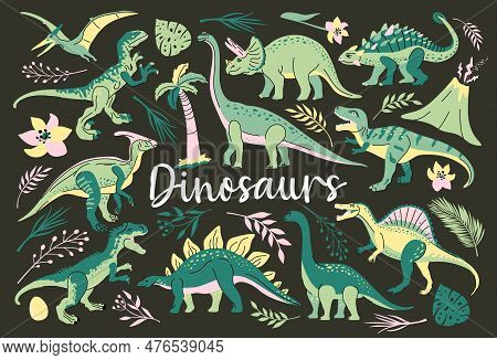 Set Of Cute Bright Dinosaurs Including T-rex, Brontosaurus, Triceratops, Velociraptor, Pteranodon, A