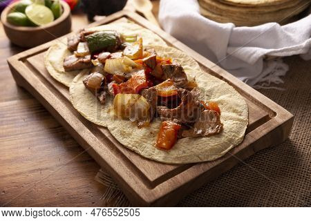 Fajitas Tacos, In Mexico It Is Also Called Alambre De Res. Very Popular Recipe, The Main Ingredients