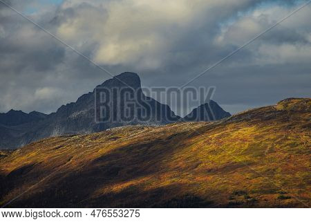 Dramatic Light And Clouds Over Mountain Peaks Of Northern Norway, Landscape And Nature Of Arctic Sca