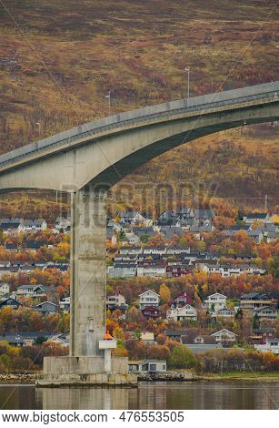 Bridge And Suburban Housing Area In The City Of Tromso, Northern Norway In Autumn