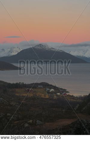 Remote Village Settlement In The Fjords Of Northern Norway, Landscape Of Arctic Scandinavia