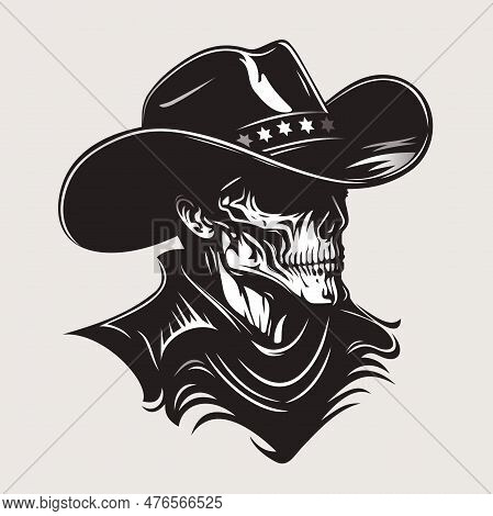 Dead Cowboy In Wide-brimmed Hat. Zombie Cowboy Silhouette. Black And White Vector Illustration