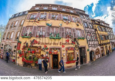 Colmar, France - May 5, 2023: Traditional Alsatian Restaurant, With Cheerful And Romantic Decoration