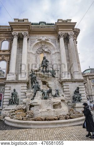 Budapest, Hungary - November 26th, 2022: The Hunting Scene In The Matthias Fountain In The Hunyadi C
