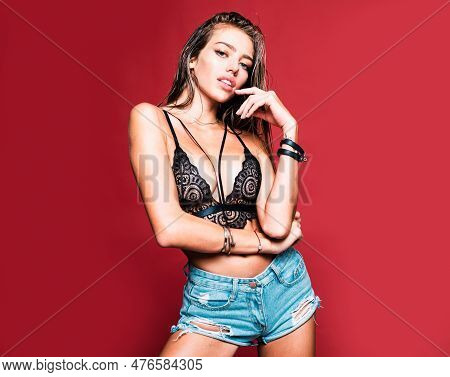 Girl In The Bra. Young Woman With Sexy Body In Black Lingerie.