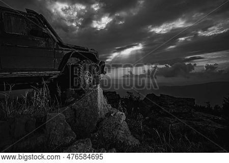 Shock Absorber For Off Road Car. Travel And Racing Concept For 4x4 Drive Off Road Vehicle. Offroad C