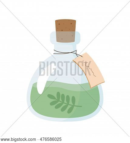Spa Bottle Concept. Aroma And Fragnance. Green Liquid For Skin Care And Relaxation. Sticker For Soci