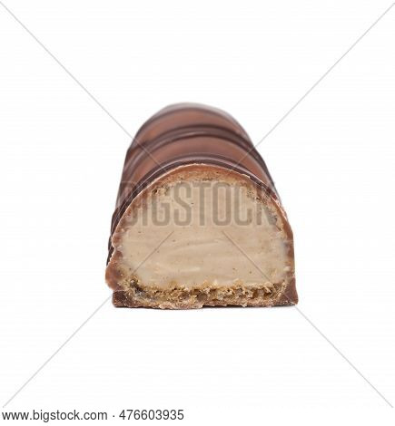 Piece Of Sweet Tasty Chocolate Bar On White Background