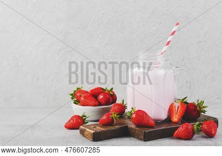 Strawberry Drink, Shake, Smoothie With Fresh Strawberry On Grey Background, Glass With Tasty Refresh