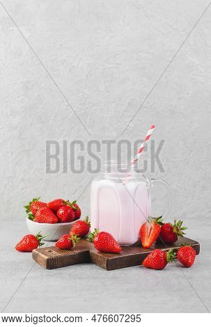 Strawberry Drink, Shake, Smoothie With Fresh Strawberry On Grey Background, Glass With Tasty Refresh