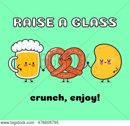 Cute, Funny Happy Glass Of Beer, Pretzel And Chips. Vector Hand Drawn Cartoon Kawaii Characters, Ill