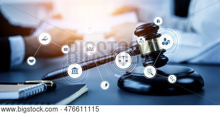 Smart Law, Legal Advice Icons And Lawyer Working Tools In The Lawyers Office Showing Concept Of Digi