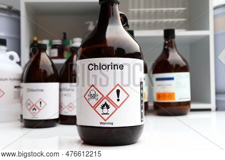 Chlorine, Hazardous Chemicals And Symbols On Containers, Chemical In Industry Or Laboratory