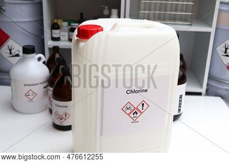 Chlorine, Hazardous Chemicals And Symbols On Containers, Chemical In Industry Or Laboratory