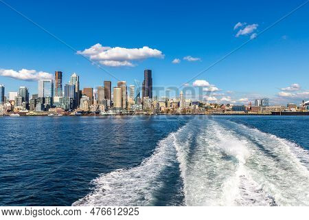 Cruise Wash Foam In  Elliott Bay And Panoramic View Of Seattle Cityscape In A Sunny Day, Washington,