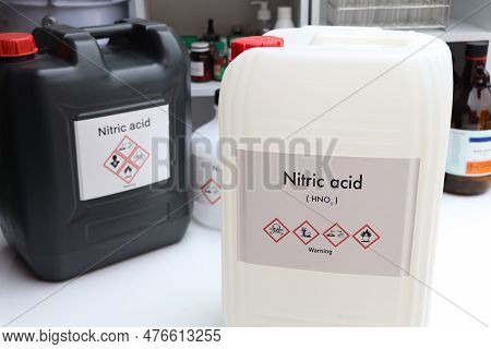 Nitric Acid, Hazardous Chemicals And Symbols On Containers, Chemical In Industry Or Laboratory