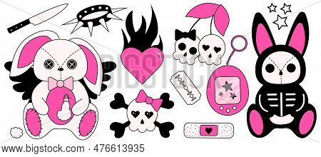 2000s Emo Girl Kawaii Sticker Set. Y2k, 90s Glamour Aestetic In Bright Pink And Black Colors
