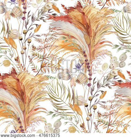 Seamless Pattern With Herbs And Pampas Grass And Dried Flowers Painted In Watercolor On A White Back