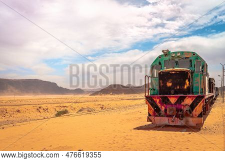 Obsolete Train From A Bygone Era In Wadi Rum, The Famous Jordanian Desert.