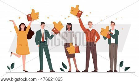 Customer Reviews Concept. Men And Women Stand With Large Thumbs In Hands. Customers Choose Satisfact