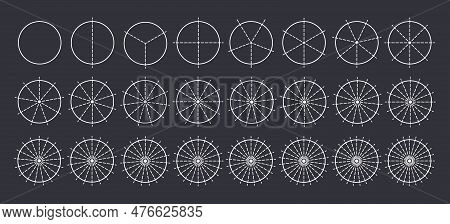 Circles Divided Into Parts From 1 To 24. Outline Round Chart For Infographic, Pie Portion Or Pizza S