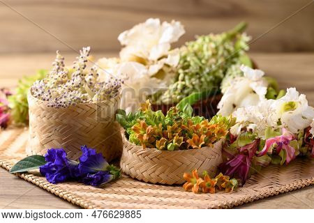 Thai Edible Flowers From Organic Local Farmers Market In Northern Of Thailand, Sustainability Concep
